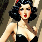 Vintage-inspired woman in black bustier with red lipstick and bow.