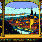 Cityscape painting with river and buildings in ornate golden arch frame