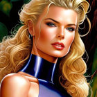 Blonde woman with wavy hair in blue turtleneck top and hoop earrings