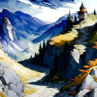 Colorful stylized mountain landscape with rocky cliffs and autumn foliage under blue sky.