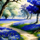 Vibrant blue flowers along a whimsical forest path