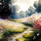 Serene nature scene: watercolor painting of stream, wildflowers, misty forest