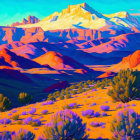 Colorful Stylized Landscape with Layered Hills and Trees