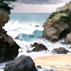 Stylized illustration of rugged coastline with crashing waves