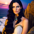 Digital artwork: Woman with black hair, blue eyes, gold & turquoise jewelry, twilight sky.