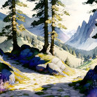 Stylized pathway through vibrant forest with pine trees & mountains