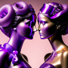 Stylized female mannequin heads in violet tones with elegant hats and decorative accessories.