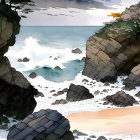 Rocky Coastal Scene with Boulders and Sun/Moon Reflection