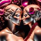 Stylized metallic female figures with elaborate hairdos on dark background