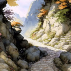 Cobblestone Path Through Rocky Landscape with Blossoms