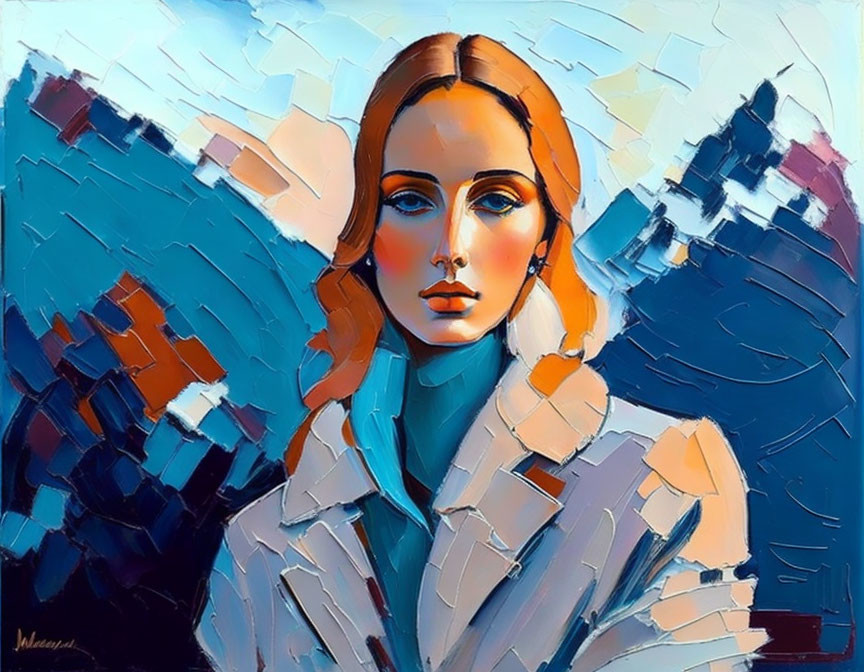 Stylized portrait of a woman with flowing hair and blue outfit against abstract geometric background