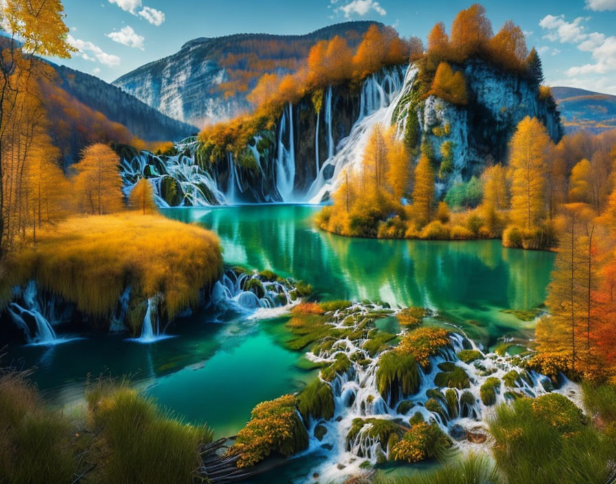 Scenic autumn landscape with waterfall, lush greenery, and colorful trees