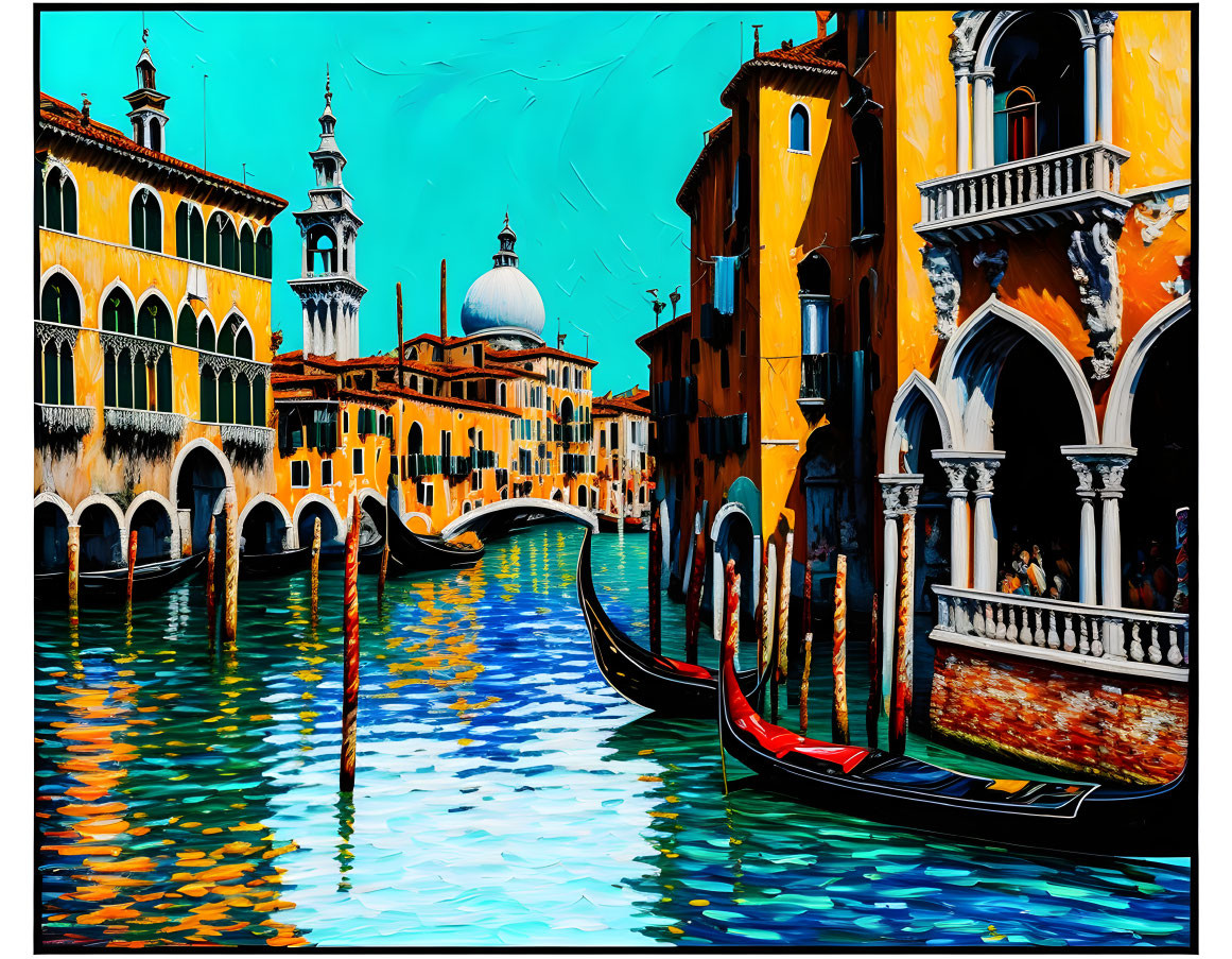 Colorful Venice Painting: Gondolas, Buildings, Dome