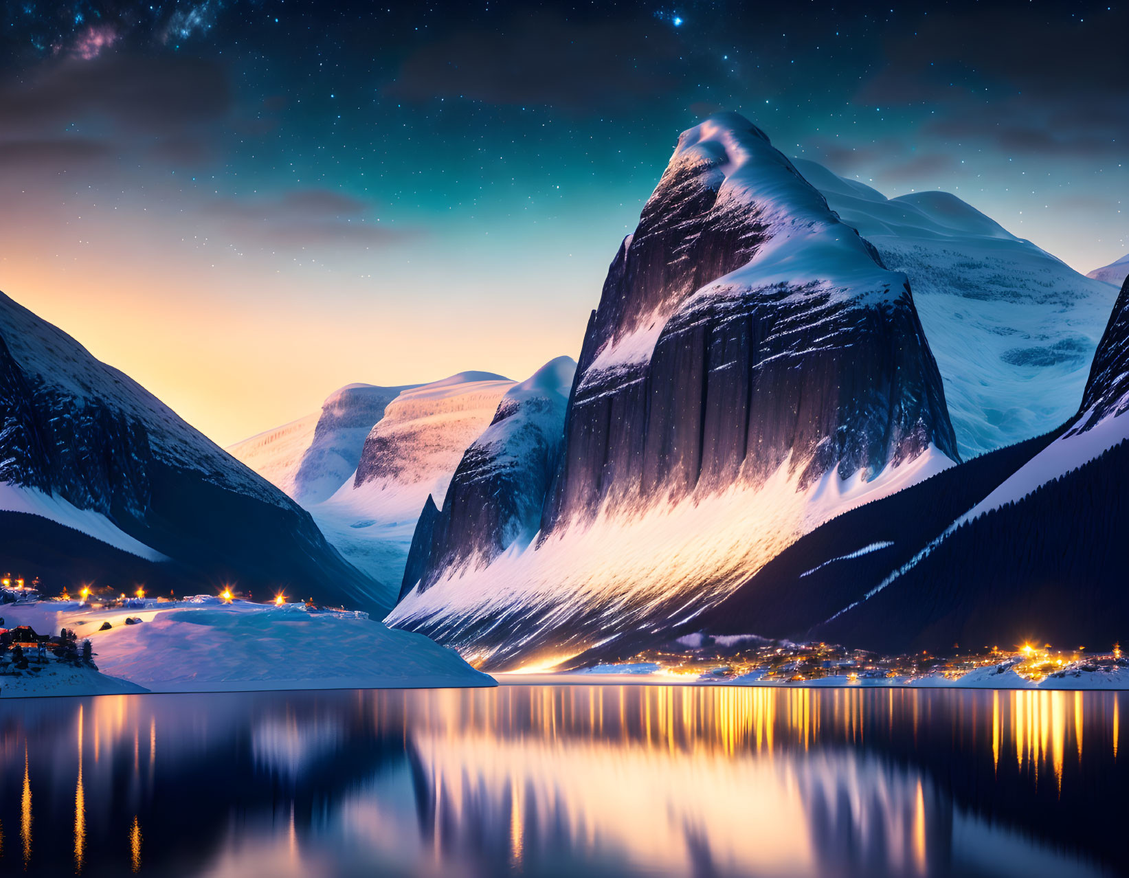 Snowy mountain landscape under starry sky with village lights reflecting on lake