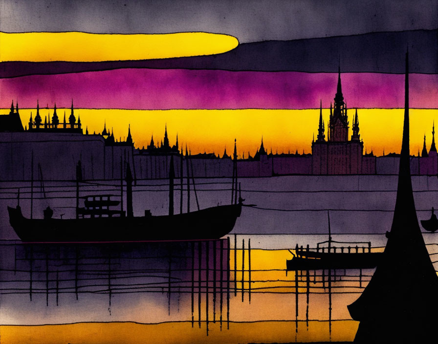 Scenic sunset watercolor painting with cityscape silhouette and boats in yellow and purple sky