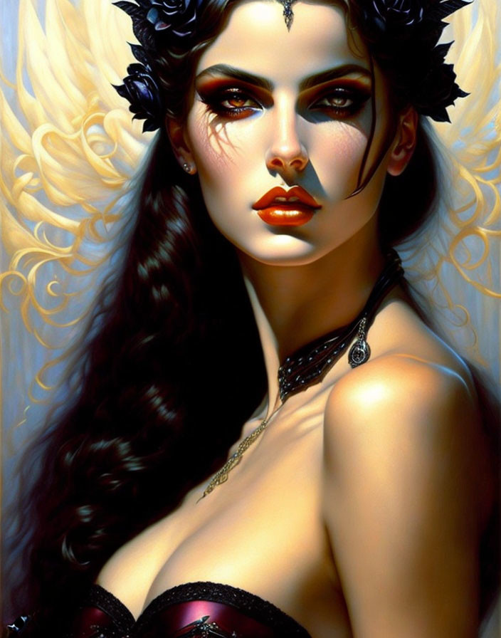 Dark-haired woman in black headdress and top with red lips: A striking artistic portrayal