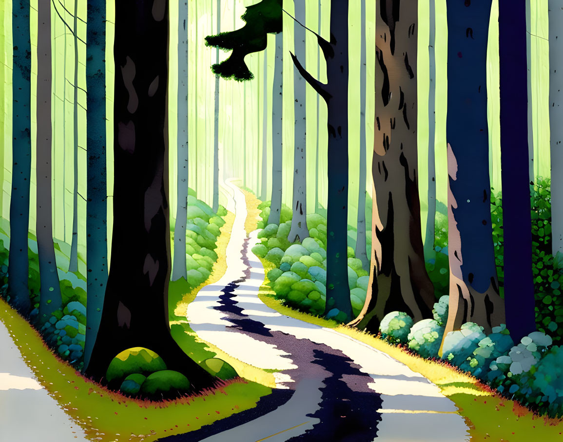 Winding Path Through Vibrant Stylized Forest