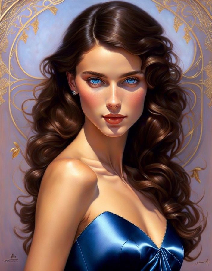 Illustrated portrait of woman with blue eyes and long wavy brown hair in blue dress with golden halo