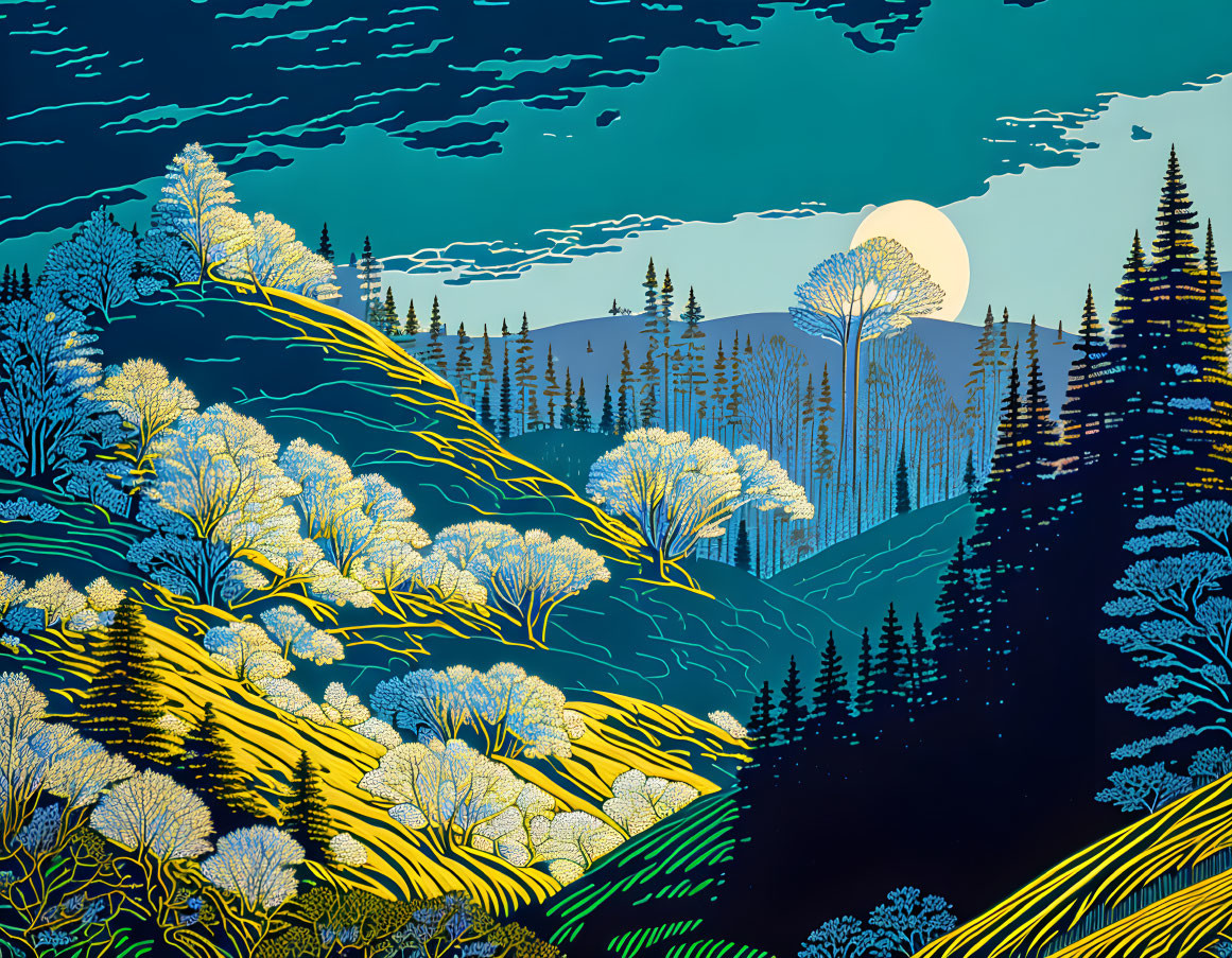 Stylized night landscape with full moon, rolling hills, trees, dark blue sky.