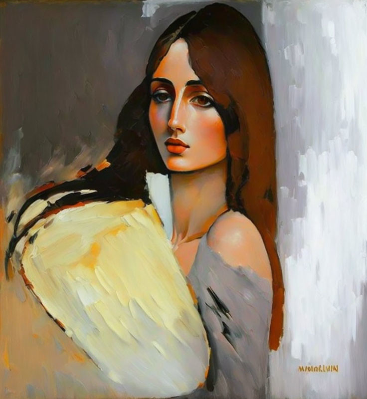 Portrait of woman with dark hair, large eyes, off-shoulder top, cream shawl,