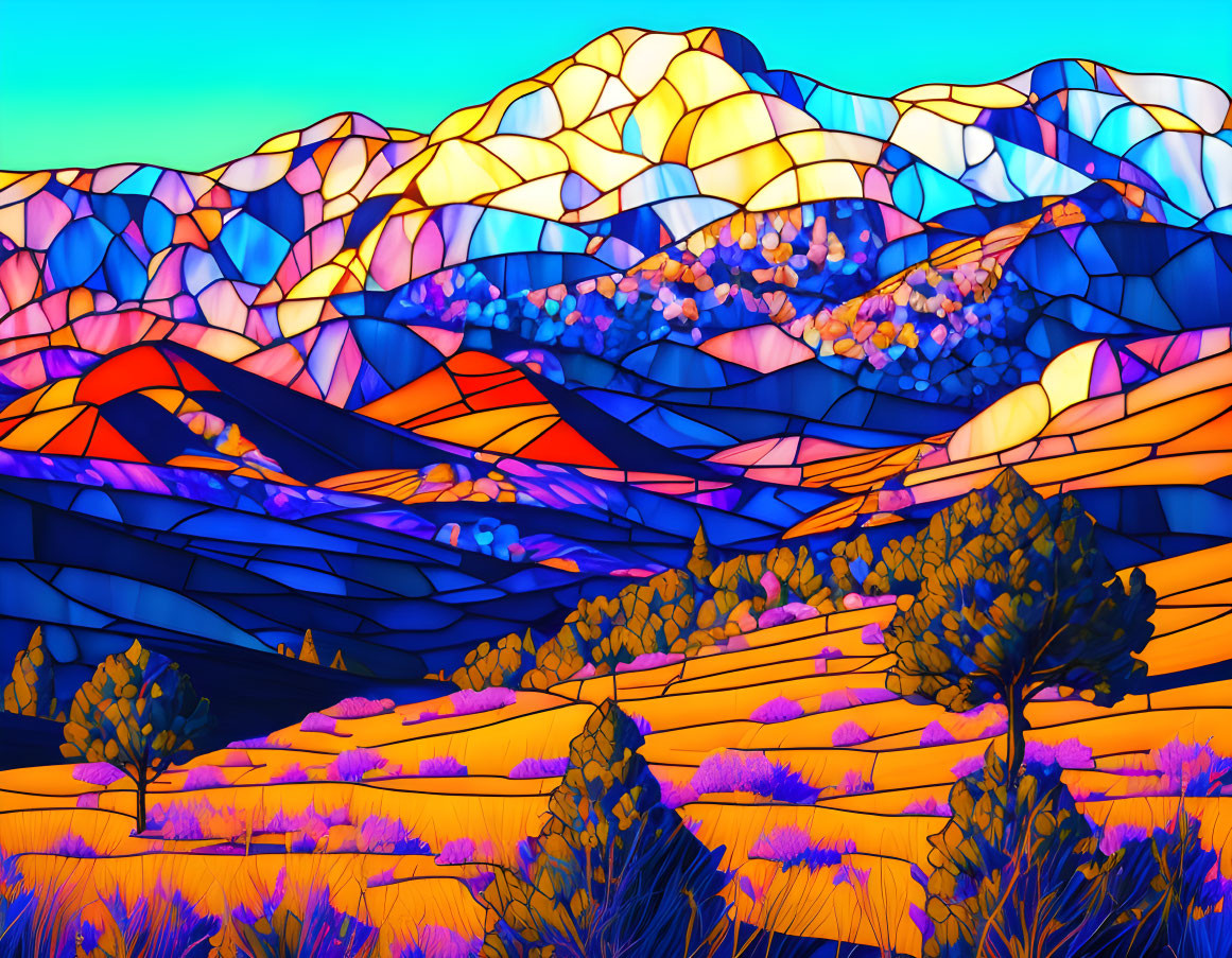 Colorful Stylized Landscape with Layered Hills and Trees