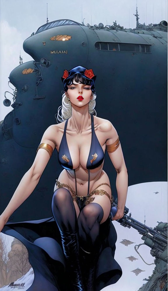 Vintage naval pin-up style illustration of a woman in sailor attire with submarine backdrop.