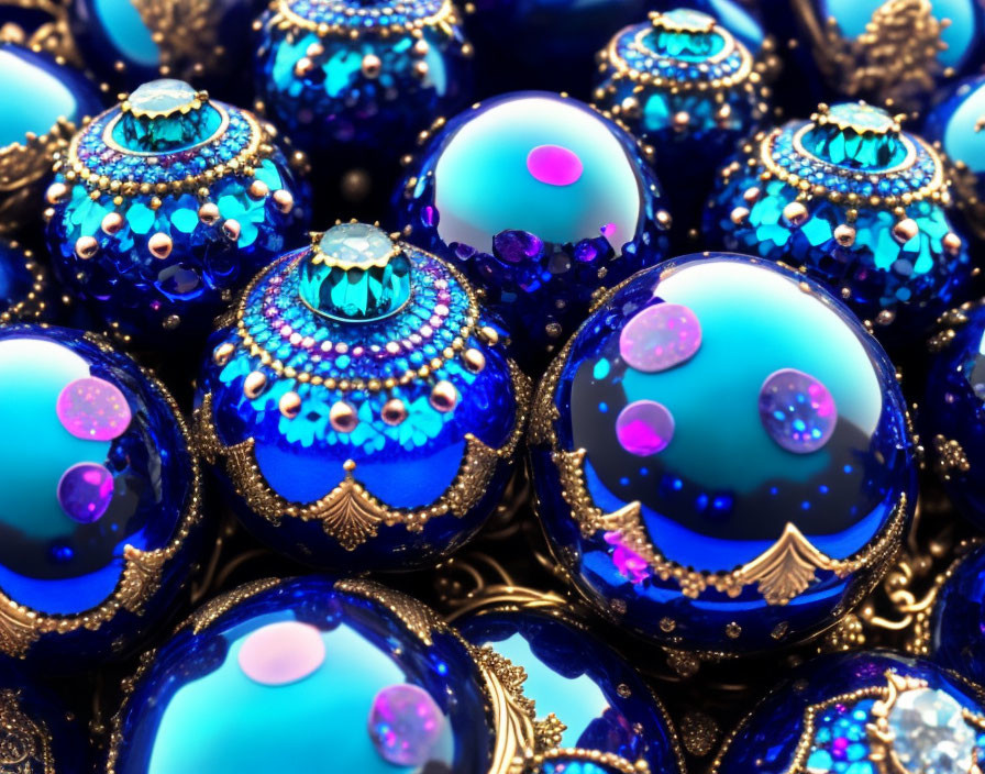 Luxurious Blue and Gold Spheres with Jewels and Intricate Patterns