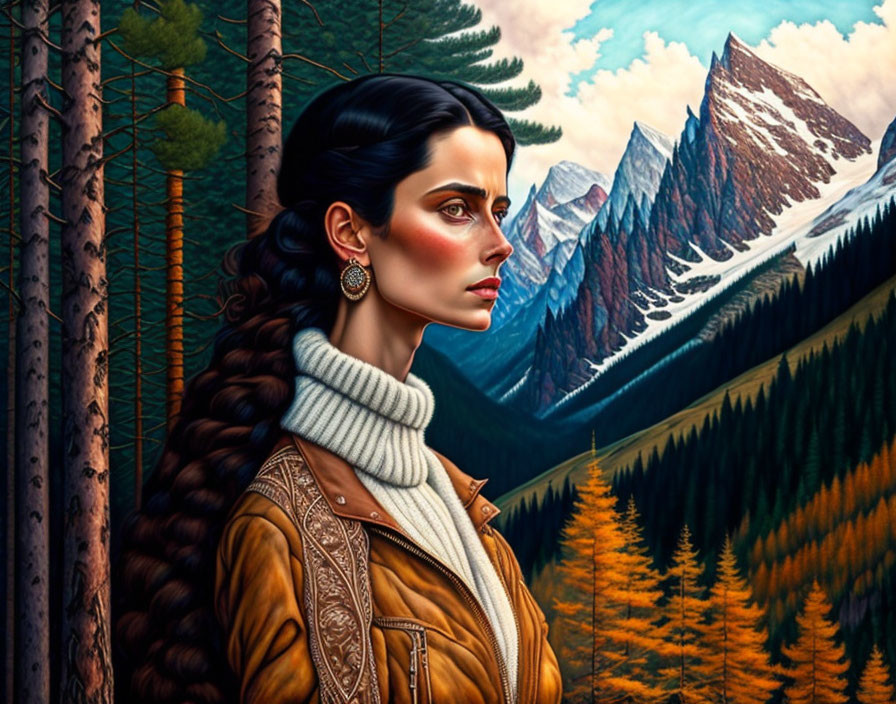 Braided hairstyle woman in turtleneck and leather jacket with mountain backdrop