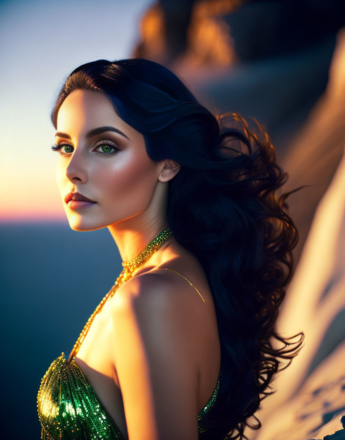 Dark-haired woman in green dress with green eyes, sunset backdrop