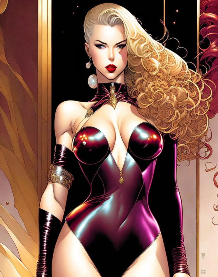 Stylized female character with blonde hair in black and purple bodysuit