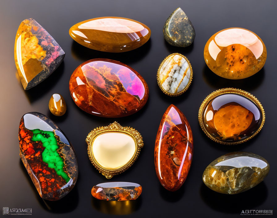 Colorful Polished Gemstones on Reflective Surface