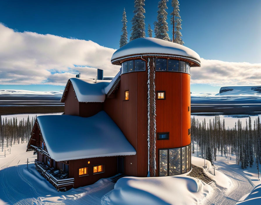 Snow-covered cylindrical tower and traditional house in a winter landscape with pine trees.