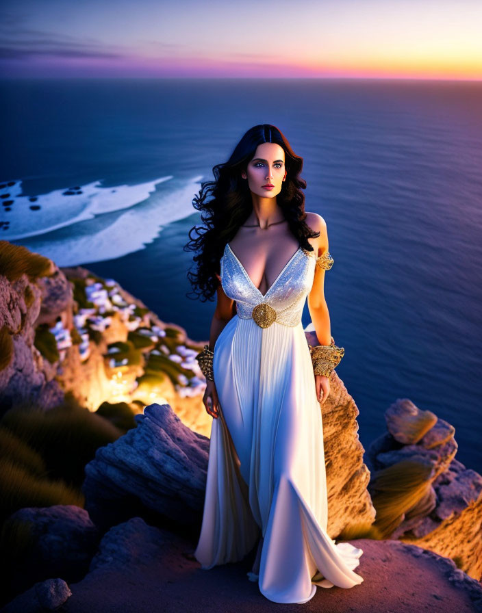 Woman in white dress on cliff at sunset by ocean