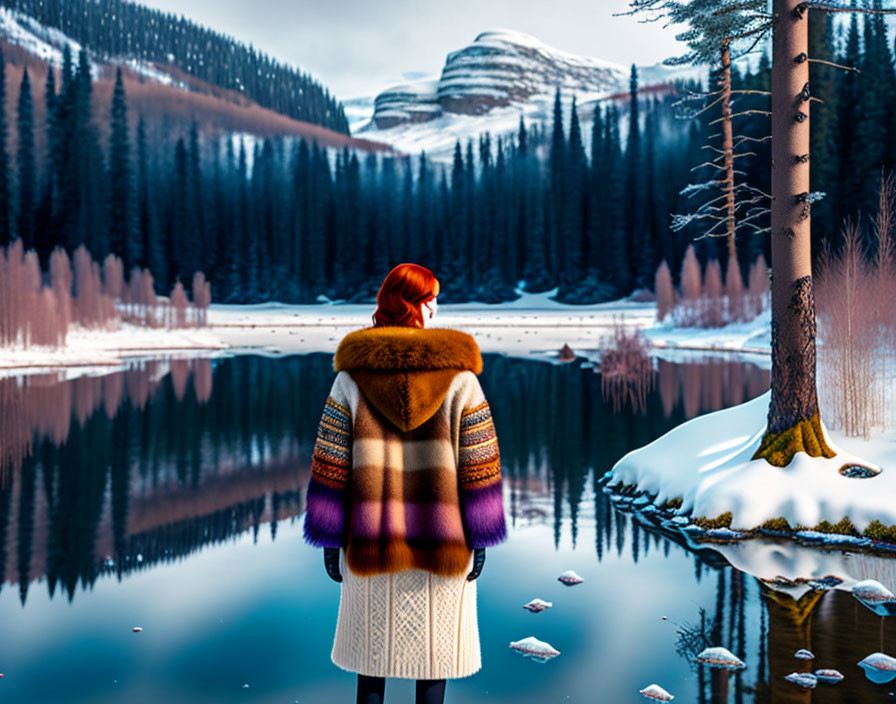 Red-haired person in colorful coat by tranquil snow-dusted lake.