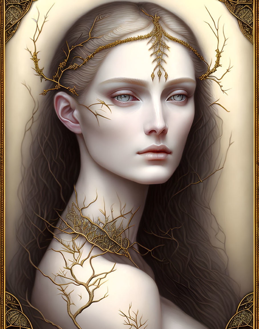 Mystical woman portrait with pale skin and golden branch jewelry