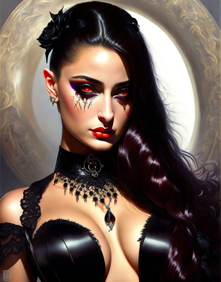 Digital Artwork: Woman in Red Eye Makeup, Black Choker, Lace Outfit