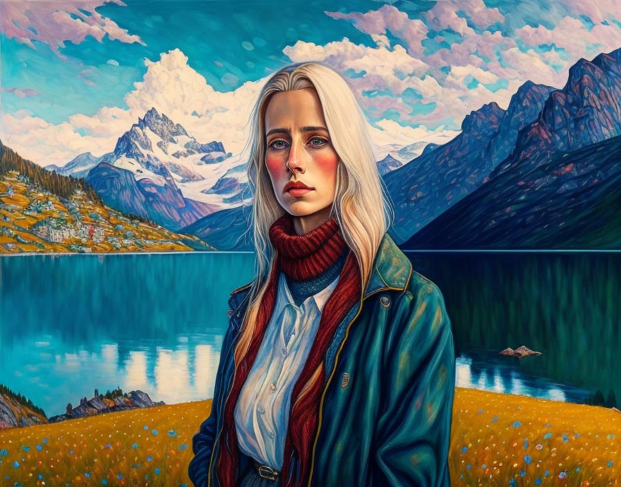 Blonde woman in red sweater and green jacket against scenic landscape