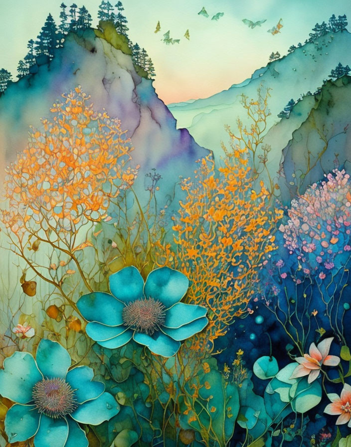 Vibrant watercolor painting of blue flowers, orange foliage, and misty mountains