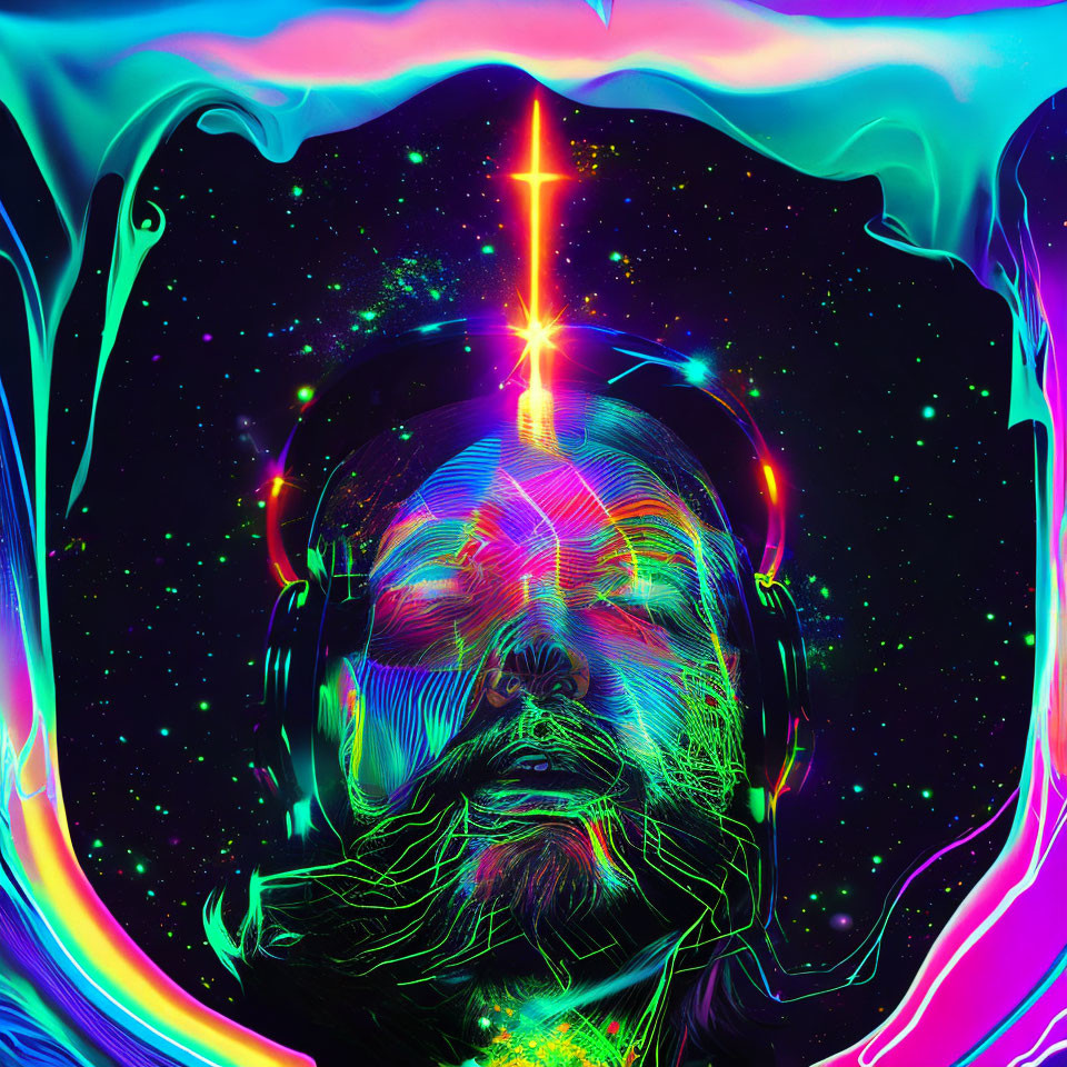 Colorful digital portrait of a bearded man with neon lines and glowing cross.