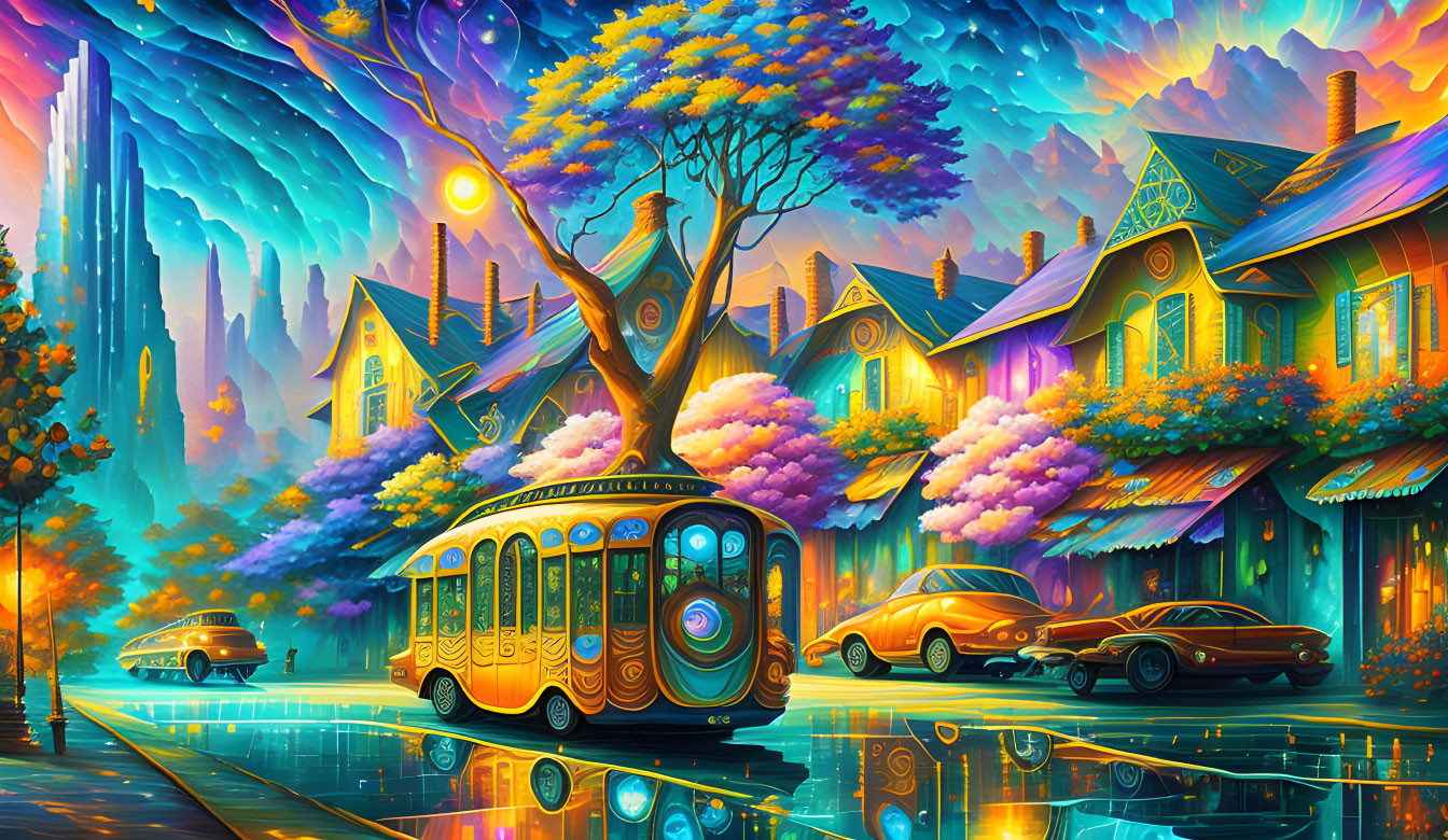 Colorful Tram and Futuristic Cars in Vibrant Dusk Street Scene