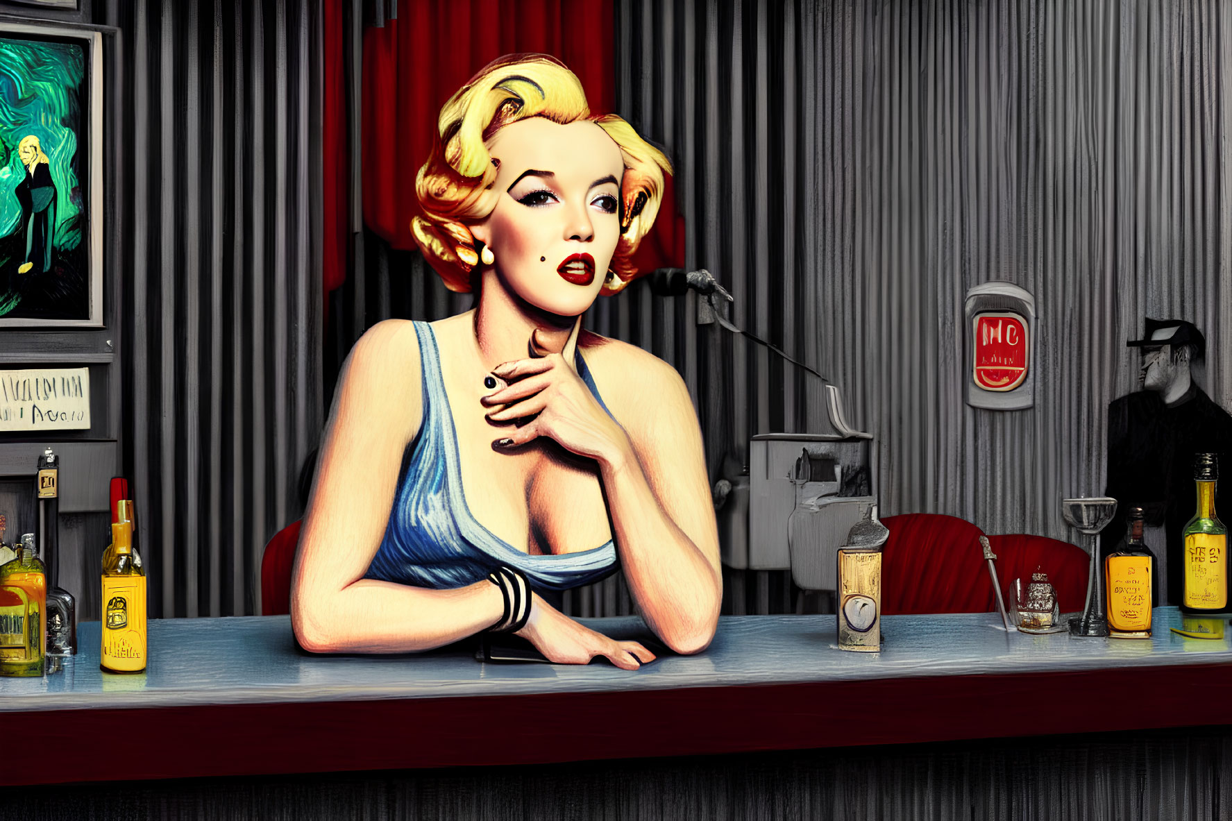 Stylized image of woman resembling Marilyn Monroe at bar with vintage decor