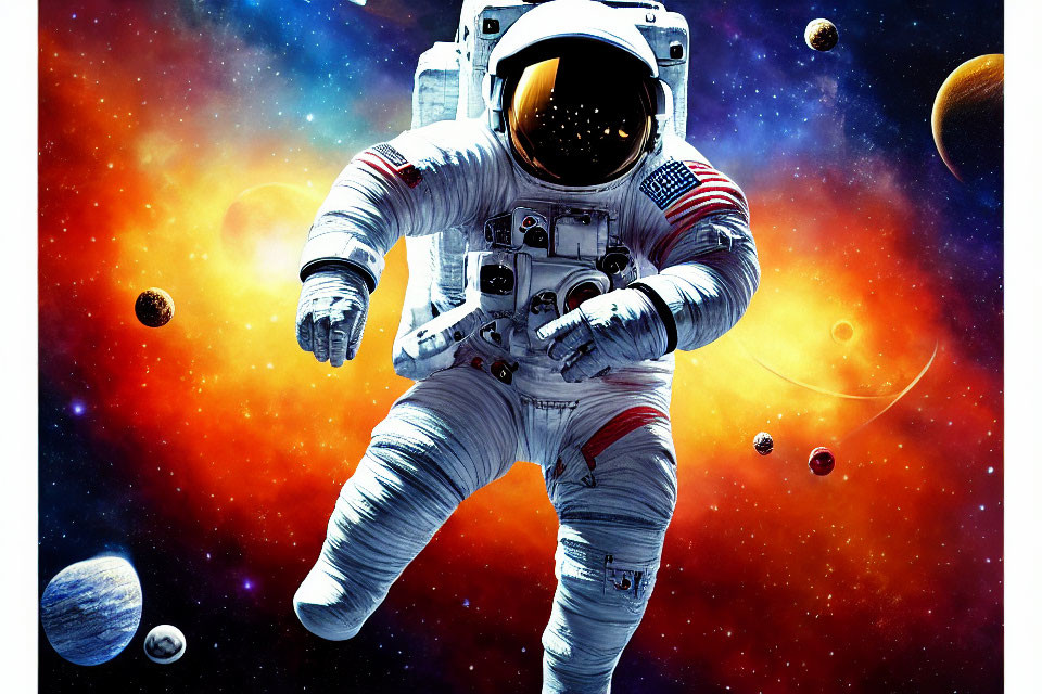 Astronaut in white space suit with American flag patch floating in space with colorful nebulae and