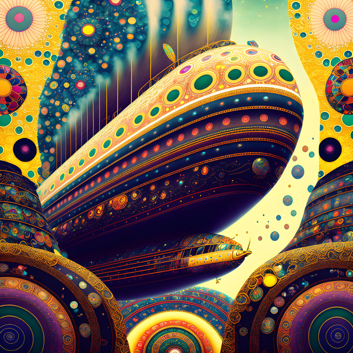 Vibrant Psychedelic Spaceship Illustration with Cosmic Motifs