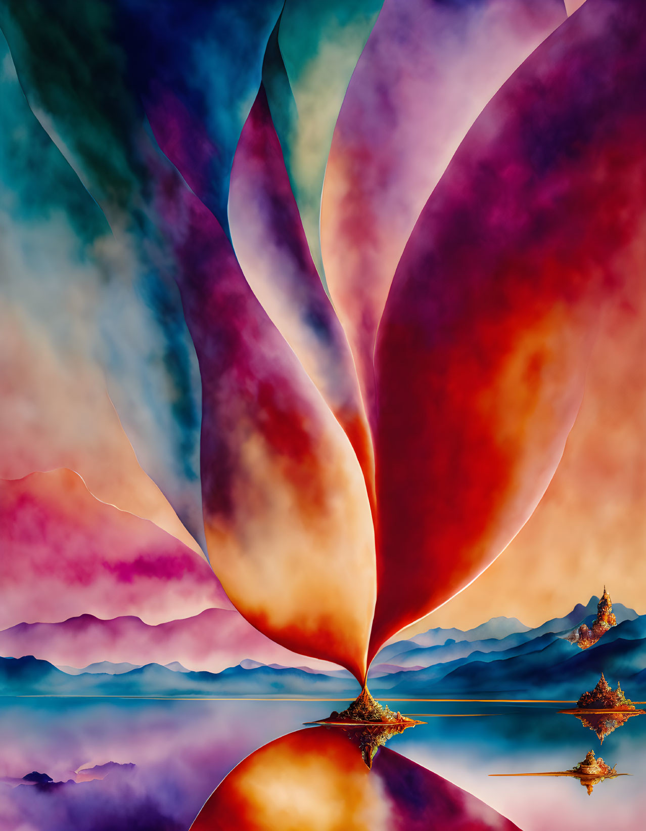 Colorful abstract artwork: fiery leaf shapes over serene mountain landscape.