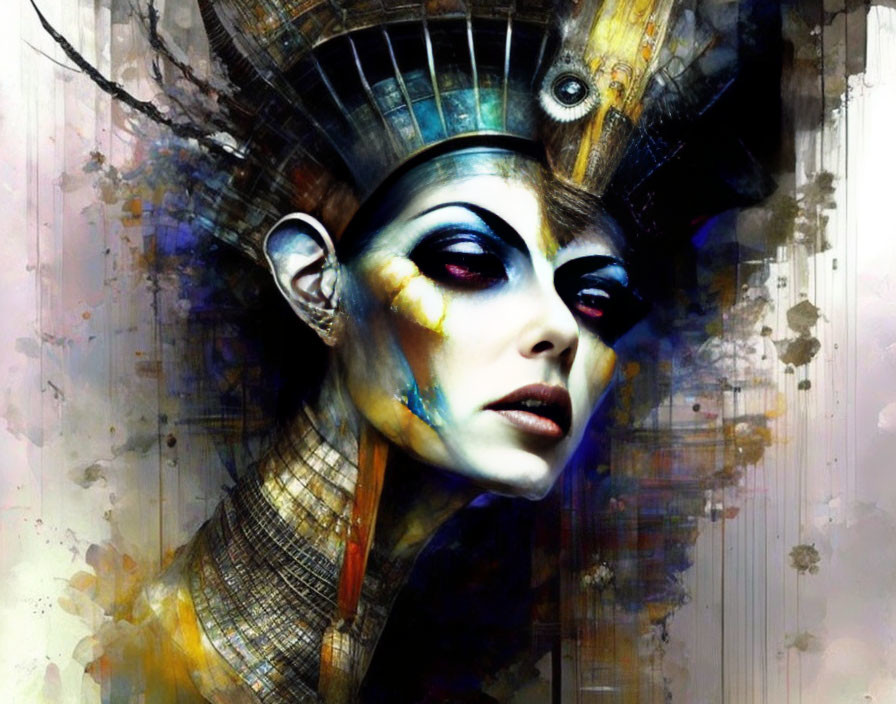 Vivid digital painting: Woman with Egyptian headdress on colorful background