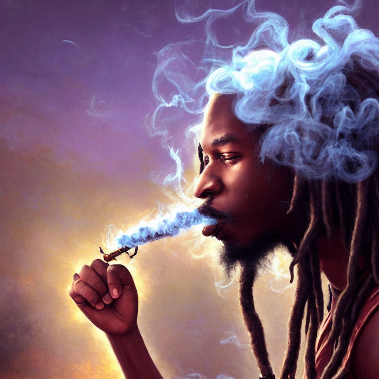 Illustrated person with dreadlocks exhaling smoke in warm-hued background