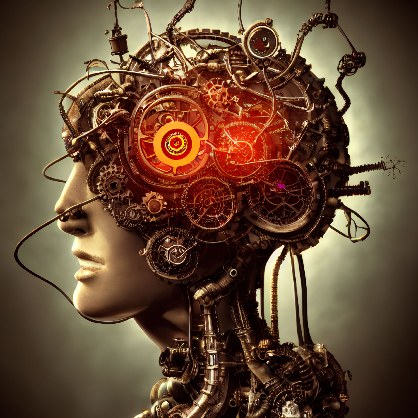 Surreal humanoid figure with complex mechanical head.