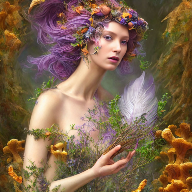 Purple-haired woman with flower hair accessories in mystical forest with mushrooms.