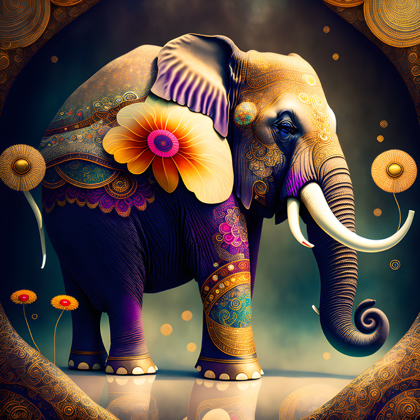 Vibrant Elephant with Golden and Purple Patterns on Dark Background