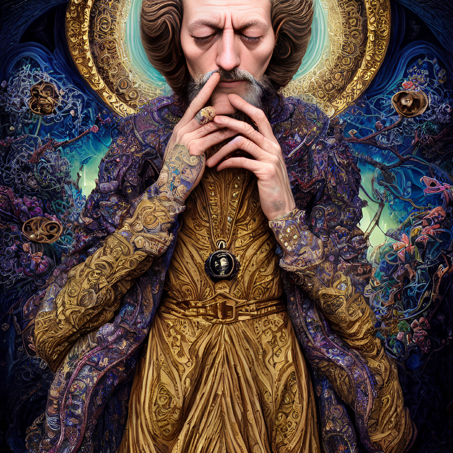 Detailed Artwork: Man in Ornate Robes with Mystical Aura